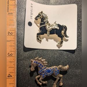 Elegant Black and Blue Horse Brooch Set